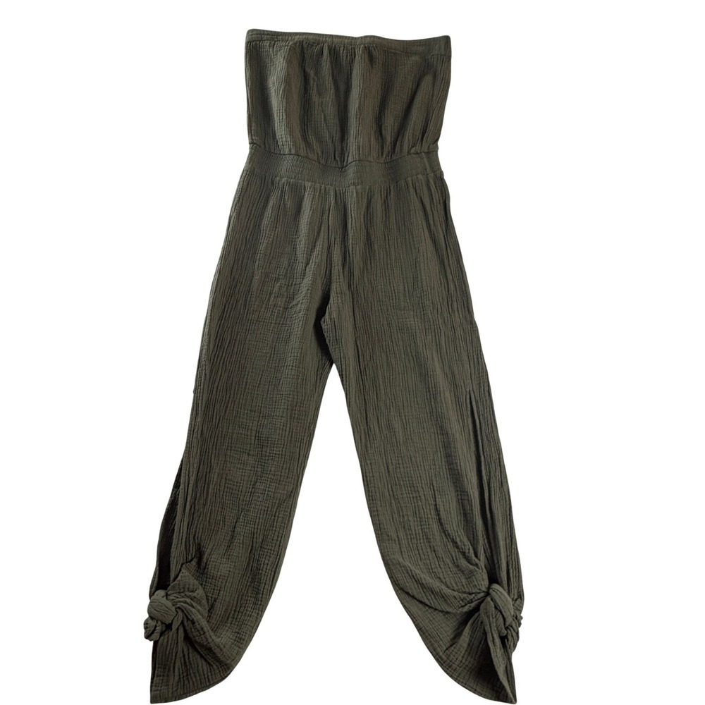 Drew Anthropologie Womens L Olive Cotton Gauze Strapless Jumpsuit Tie Hem